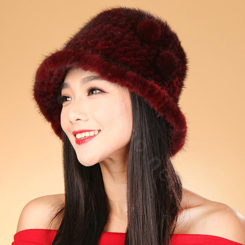 Fashion Women Mink hair Fur Hat Winter Thicker Warm Handmade Knitted Caps - Red