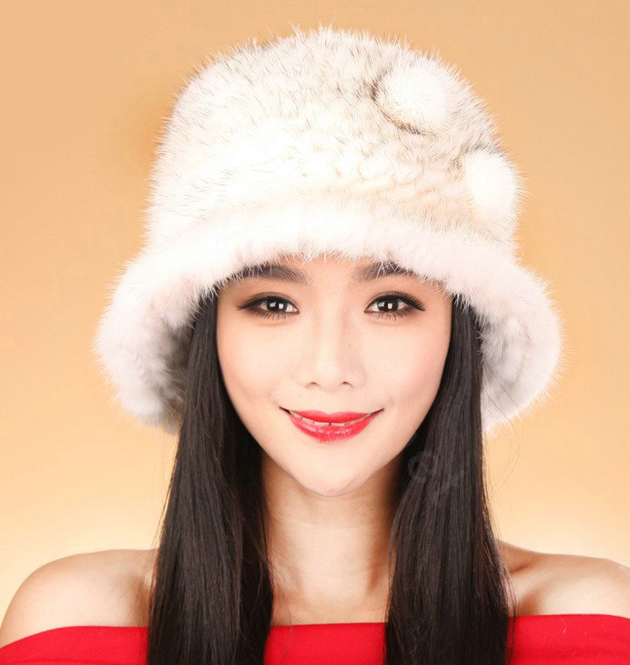Fashion Women Mink hair Fur Hat Winter Thicker Warm Handmade Knitted Caps - White