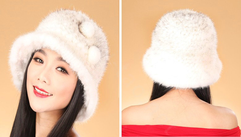 Fashion Women Mink hair Fur Hat Winter Thicker Warm Handmade Knitted Caps - White