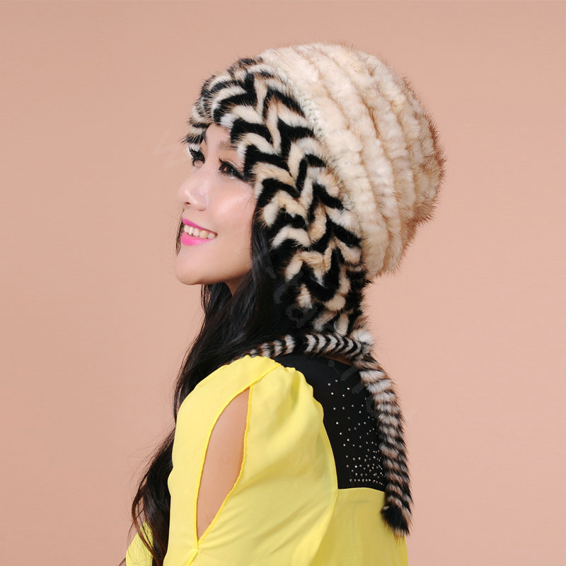 Fashion Women Mink hair Fur Hat Winter Warm Handmade Knitted Caps - Beige Black