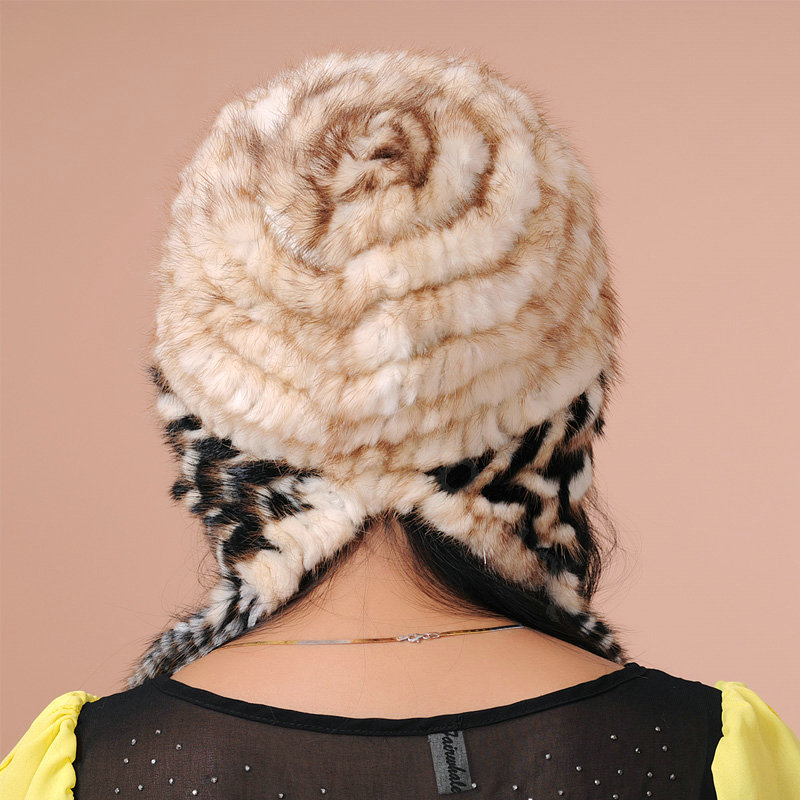 Fashion Women Mink hair Fur Hat Winter Warm Handmade Knitted Caps - Beige Black