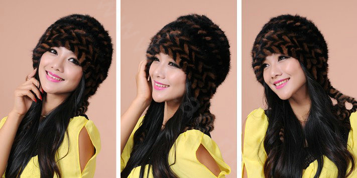Fashion Women Mink hair Fur Hat Winter Warm Handmade Knitted Caps - Black Coffee