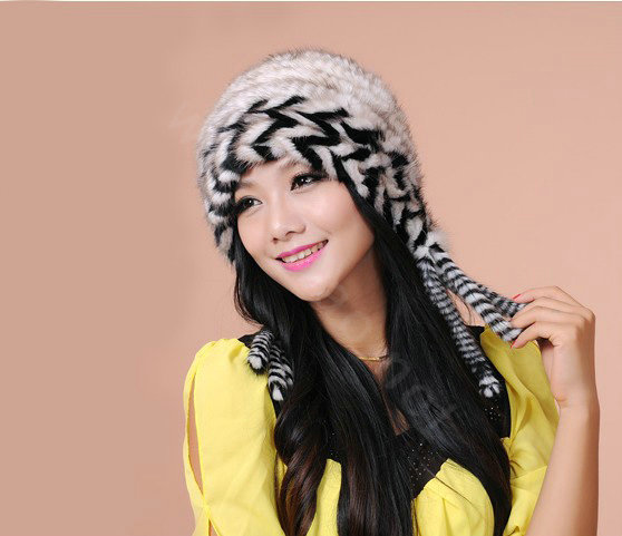 Fashion Women Mink hair Fur Hat Winter Warm Handmade Knitted Caps - Black White