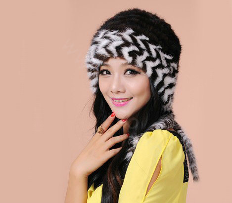 Fashion Women Mink hair Fur Hat Winter Warm Handmade Knitted Caps - Black