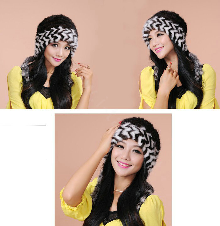 Fashion Women Mink hair Fur Hat Winter Warm Handmade Knitted Caps - Black