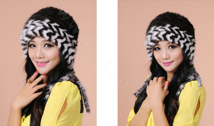 Fashion Women Mink hair Fur Hat Winter Warm Handmade Knitted Caps - Black