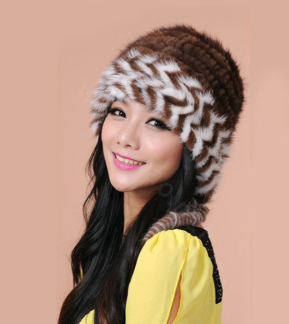 Fashion Women Mink hair Fur Hat Winter Warm Handmade Knitted Caps - Coffee White