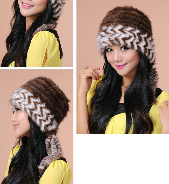 Fashion Women Mink hair Fur Hat Winter Warm Handmade Knitted Caps - Coffee White