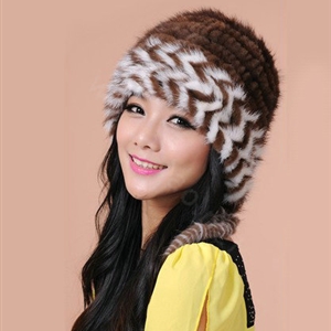 Fashion Women Mink hair Fur Hat Winter Warm Handmade Knitted Caps - Coffee White