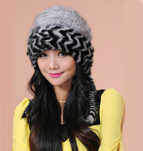 Fashion Women Mink hair Fur Hat Winter Warm Handmade Knitted Caps - Grey Black