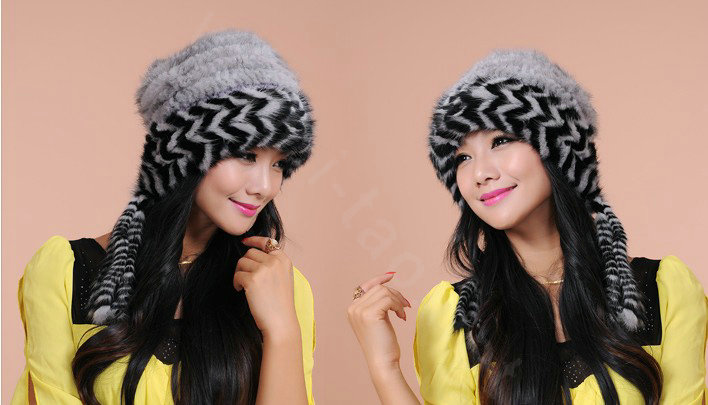 Fashion Women Mink hair Fur Hat Winter Warm Handmade Knitted Caps - Grey Black