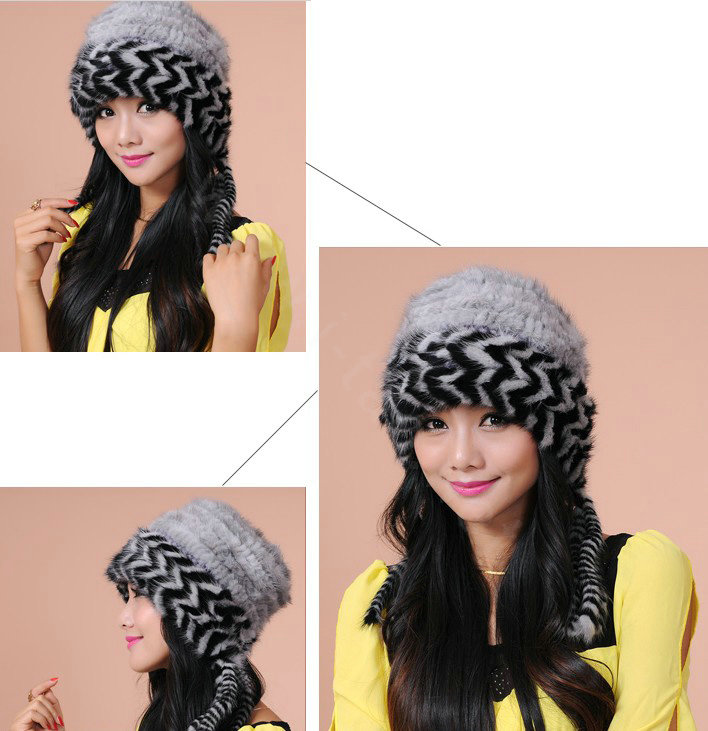 Fashion Women Mink hair Fur Hat Winter Warm Handmade Knitted Caps - Grey Black