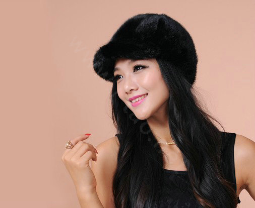 Fashion Women Mink hair Fur Hats Winter Warm Whole Leather Peaked Caps - Black