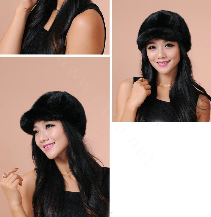 Fashion Women Mink hair Fur Hats Winter Warm Whole Leather Peaked Caps - Black