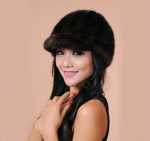 Fashion Women Mink hair Fur Hats Winter Warm Whole Leather Peaked Caps - Drak Brown