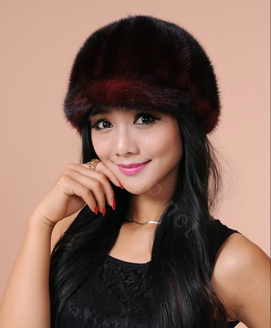 Fashion Women Mink hair Fur Hats Winter Warm Whole Leather Peaked Caps - Drak Red
