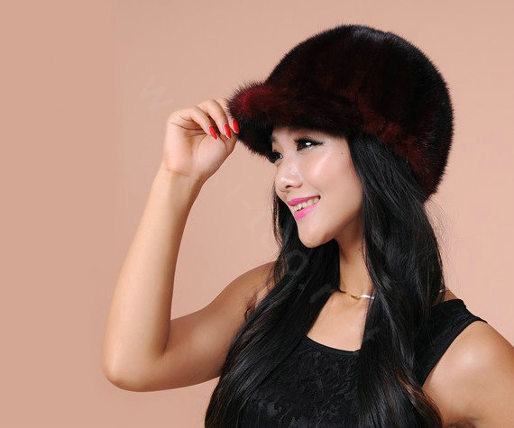 Fashion Women Mink hair Fur Hats Winter Warm Whole Leather Peaked Caps - Drak Red