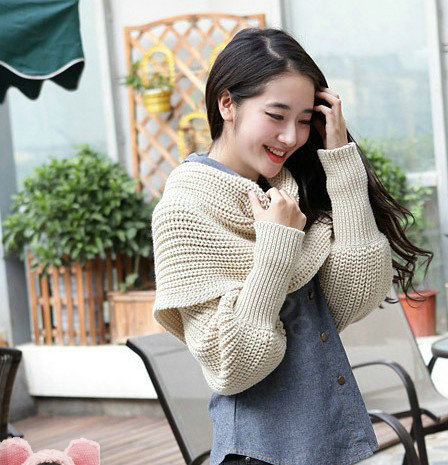 Fashion women Long Wool knitted capes warm scarf shawls Neck Wrap tippet with sleeves - Beige