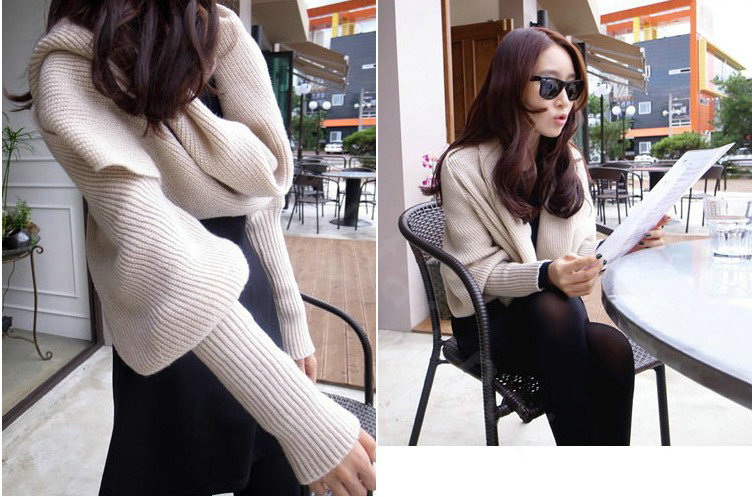 Fashion women Long Wool knitted capes warm scarf shawls Neck Wrap tippet with sleeves - Beige