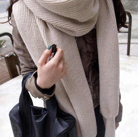 Fashion women Long Wool knitted capes warm scarf shawls Neck Wrap tippet with sleeves - Beige
