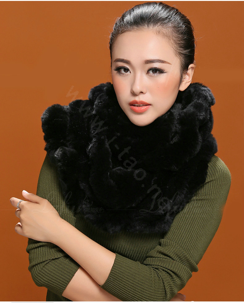 Fashion women men Knitted Rex Rabbit Fur Scarves Winter warm Scarf Neck wraps - Black