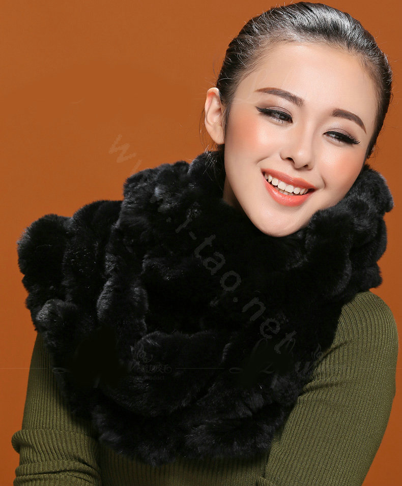 Fashion women men Knitted Rex Rabbit Fur Scarves Winter warm Scarf Neck wraps - Black