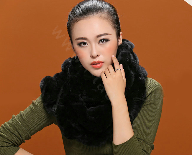 Fashion women men Knitted Rex Rabbit Fur Scarves Winter warm Scarf Neck wraps - Black