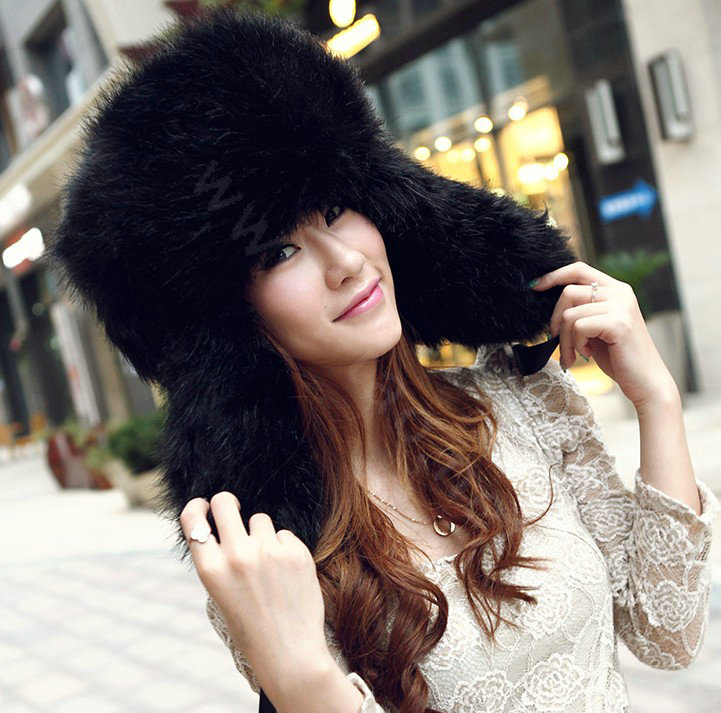Fox fur leifeng hat for man women winter thermal windproof Ear protector Caps - Black