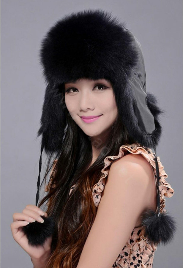 Fox fur leifeng hat for women man thermal winter windproof Ear protector Caps - Black