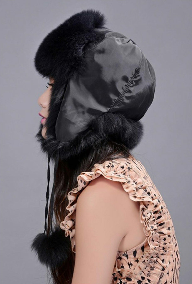 Fox fur leifeng hat for women man thermal winter windproof Ear protector Caps - Black