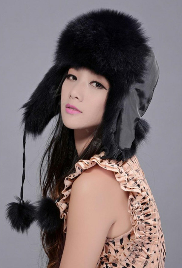 Fox fur leifeng hat for women man thermal winter windproof Ear protector Caps - Black