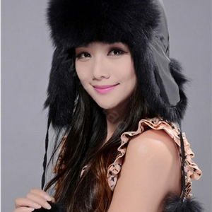 Fox fur leifeng hat for women man thermal winter windproof Ear protector Caps - Black