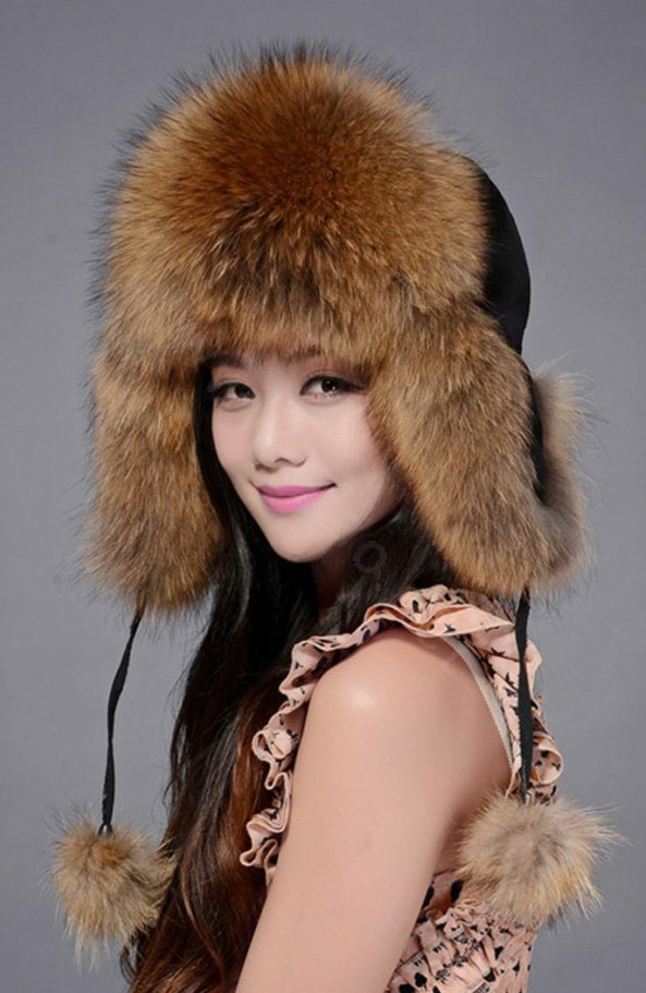 Fox fur leifeng hat for women man thermal winter windproof Ear protector Caps - Brown