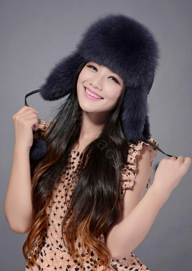 Fox fur leifeng hat for women man thermal winter windproof Ear protector Caps - Dark blue