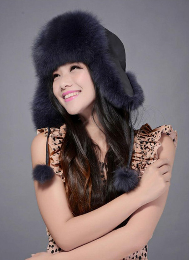 Fox fur leifeng hat for women man thermal winter windproof Ear protector Caps - Dark blue