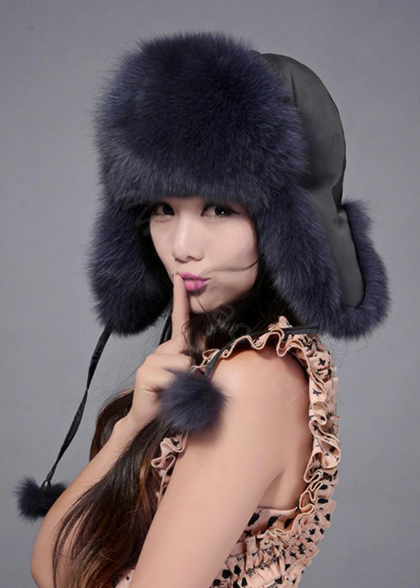 Fox fur leifeng hat for women man thermal winter windproof Ear protector Caps - Dark blue
