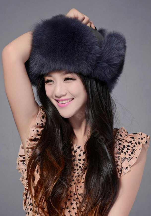 Fox fur leifeng hat for women man thermal winter windproof Ear protector Caps - Dark blue