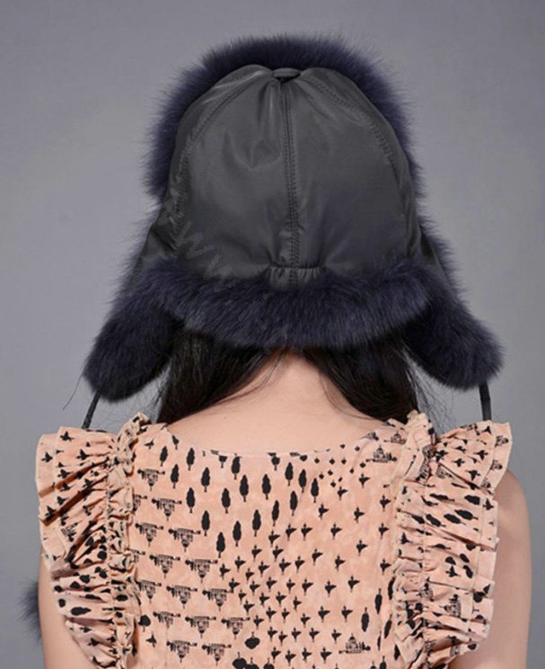 Fox fur leifeng hat for women man thermal winter windproof Ear protector Caps - Dark blue