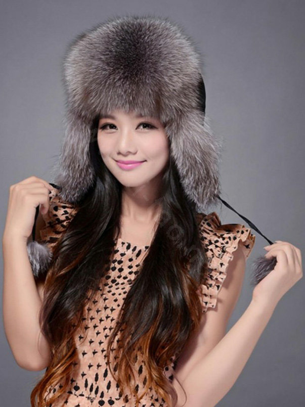 Fox fur leifeng hat for women man thermal winter windproof Ear protector Caps - Grey