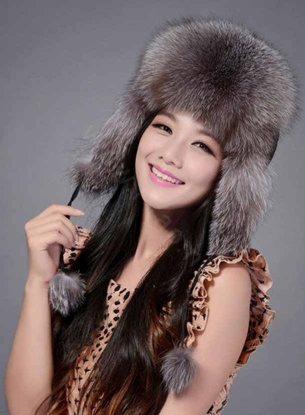 Fox fur leifeng hat for women man thermal winter windproof Ear protector Caps - Grey