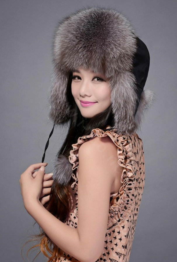 Fox fur leifeng hat for women man thermal winter windproof Ear protector Caps - Grey