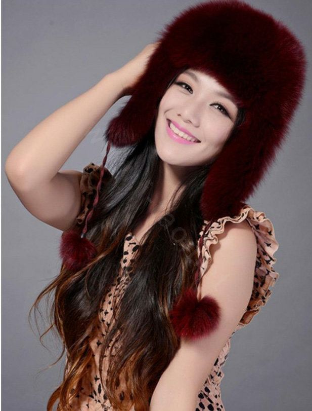 Fox fur leifeng hat for women thermal winter windproof Ear protector Caps - Dark red