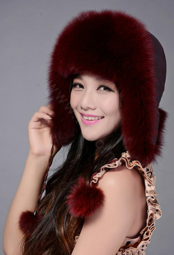 Fox fur leifeng hat for women thermal winter windproof Ear protector Caps - Dark red