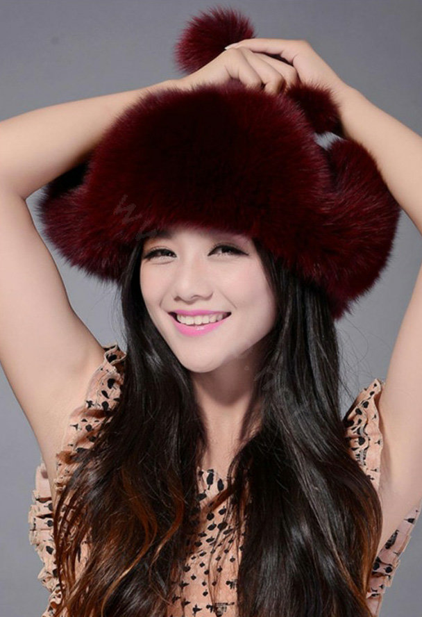 Fox fur leifeng hat for women thermal winter windproof Ear protector Caps - Dark red
