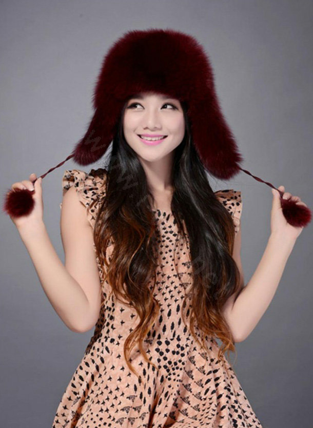 Fox fur leifeng hat for women thermal winter windproof Ear protector Caps - Dark red