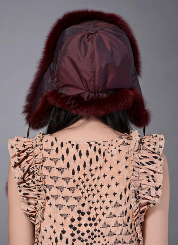 Fox fur leifeng hat for women thermal winter windproof Ear protector Caps - Dark red