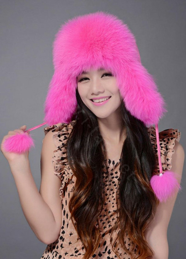 Fox fur leifeng hat for women thermal winter windproof Ear protector Caps - Pink