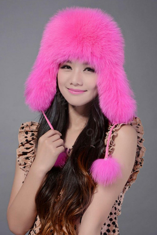 Fox fur leifeng hat for women thermal winter windproof Ear protector Caps - Pink