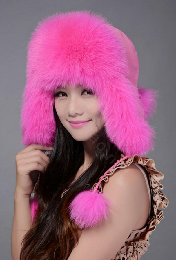 Fox fur leifeng hat for women thermal winter windproof Ear protector Caps - Pink