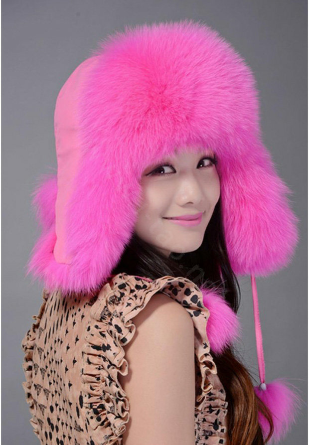 Fox fur leifeng hat for women thermal winter windproof Ear protector Caps - Pink